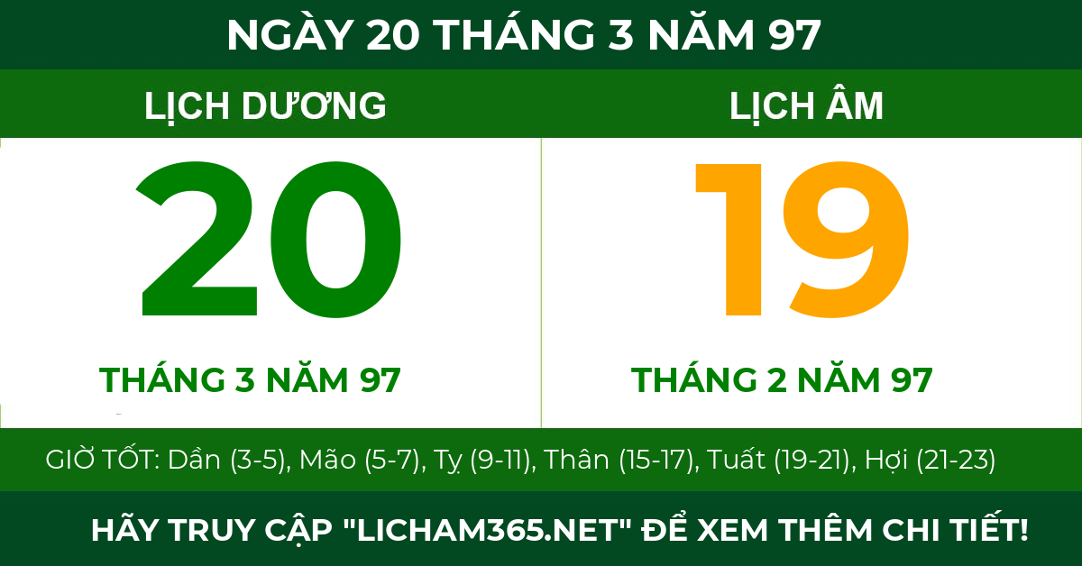 lịch âm ngày 20 tháng 3 năm 97
