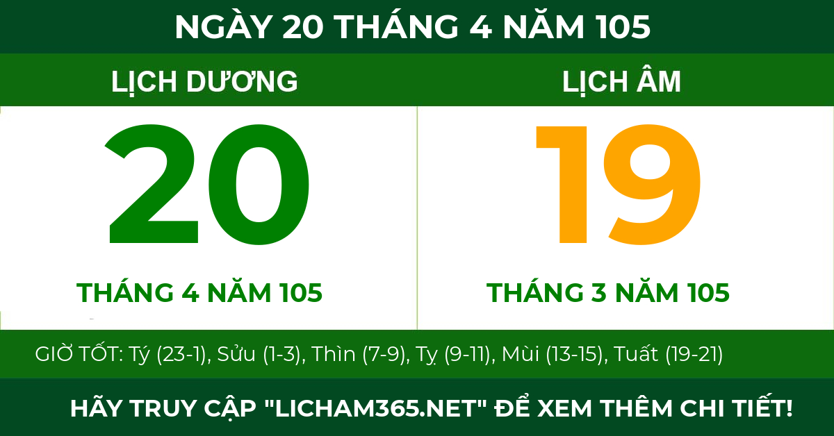 lịch âm ngày 20 tháng 4 năm 105