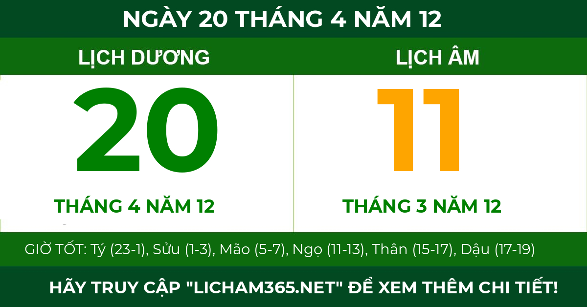 lịch âm ngày 20 tháng 4 năm 12