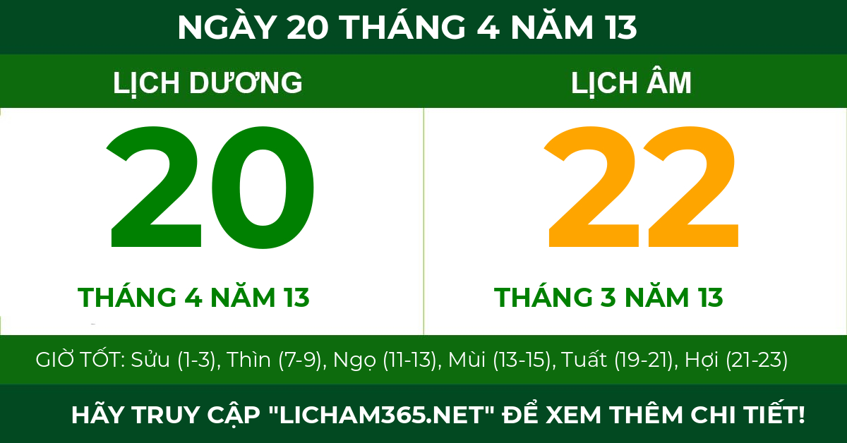 lịch âm ngày 20 tháng 4 năm 13
