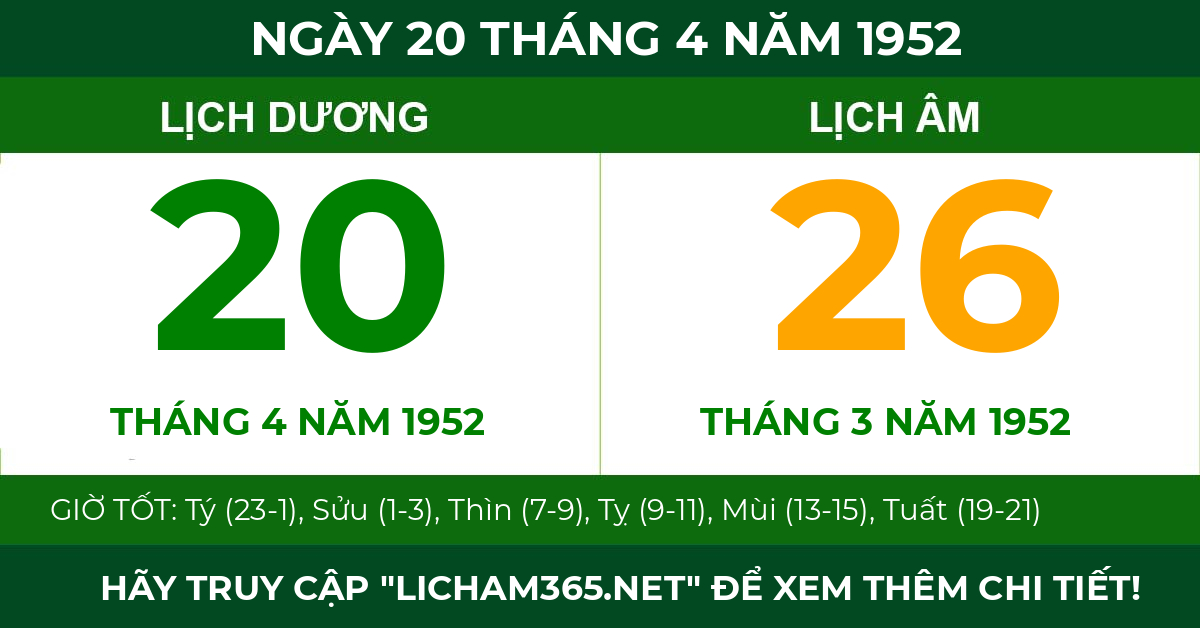 lịch âm ngày 20 tháng 4 năm 1952
