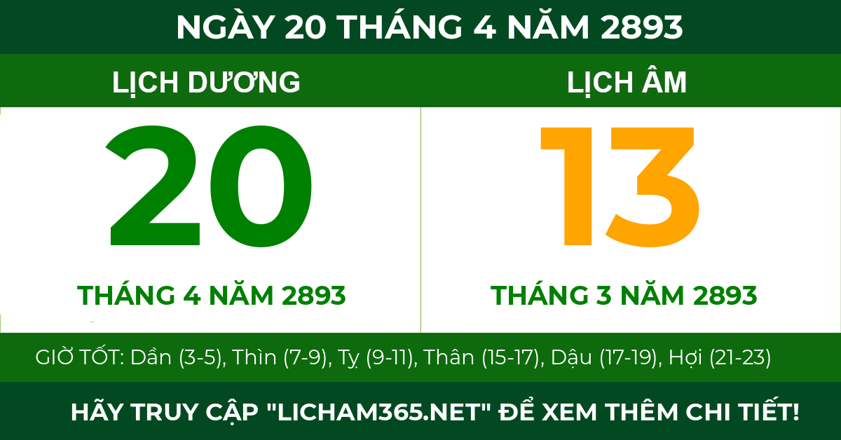 lịch âm ngày 20 tháng 4 năm 2893