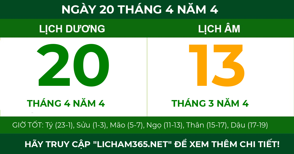 lịch âm ngày 20 tháng 4 năm 4