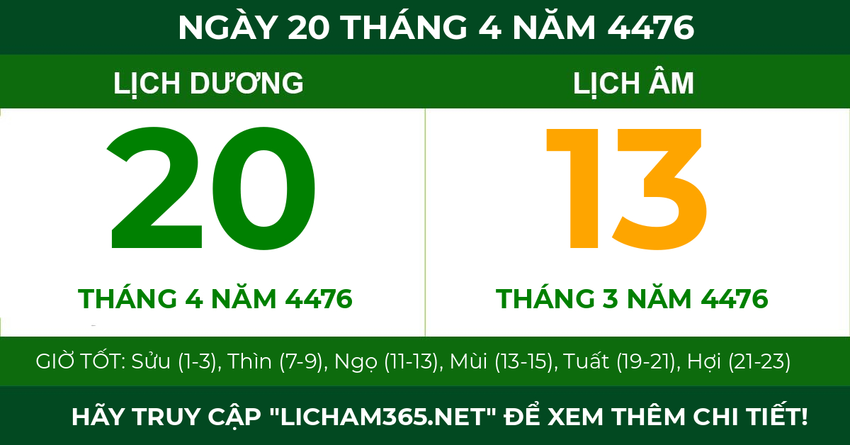 lịch âm ngày 20 tháng 4 năm 4476
