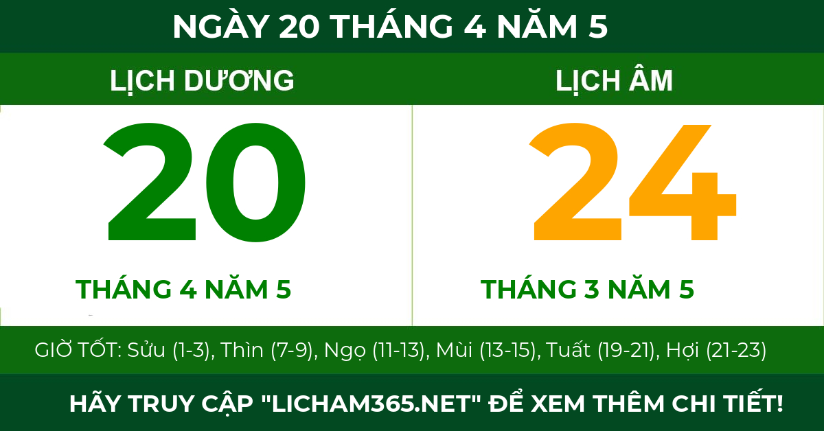 lịch âm ngày 20 tháng 4 năm 5