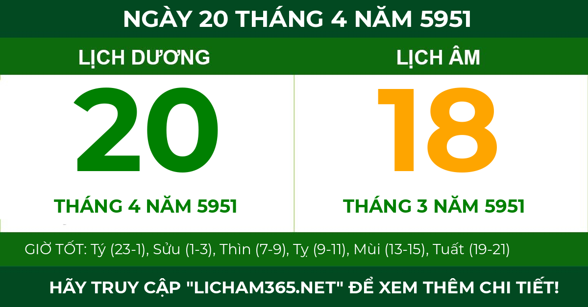 lịch âm ngày 20 tháng 4 năm 5951