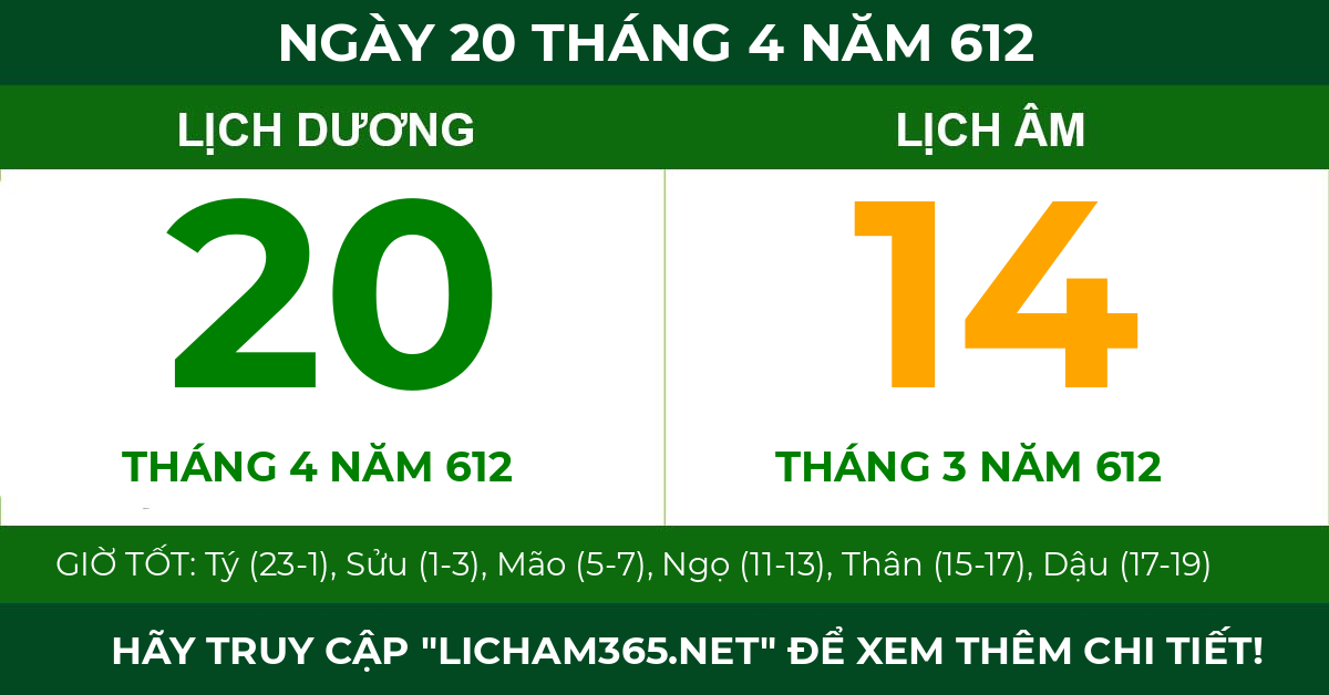 lịch âm ngày 20 tháng 4 năm 612