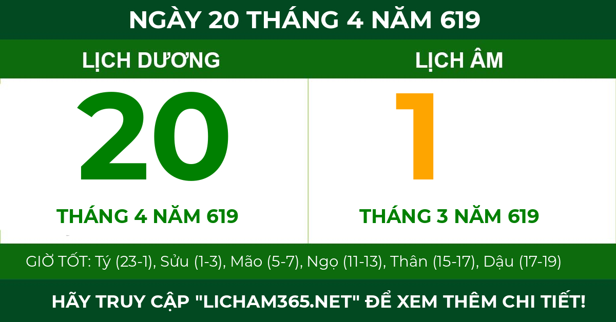 lịch âm ngày 20 tháng 4 năm 619