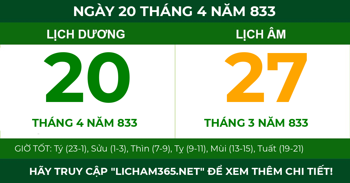 lịch âm ngày 20 tháng 4 năm 833