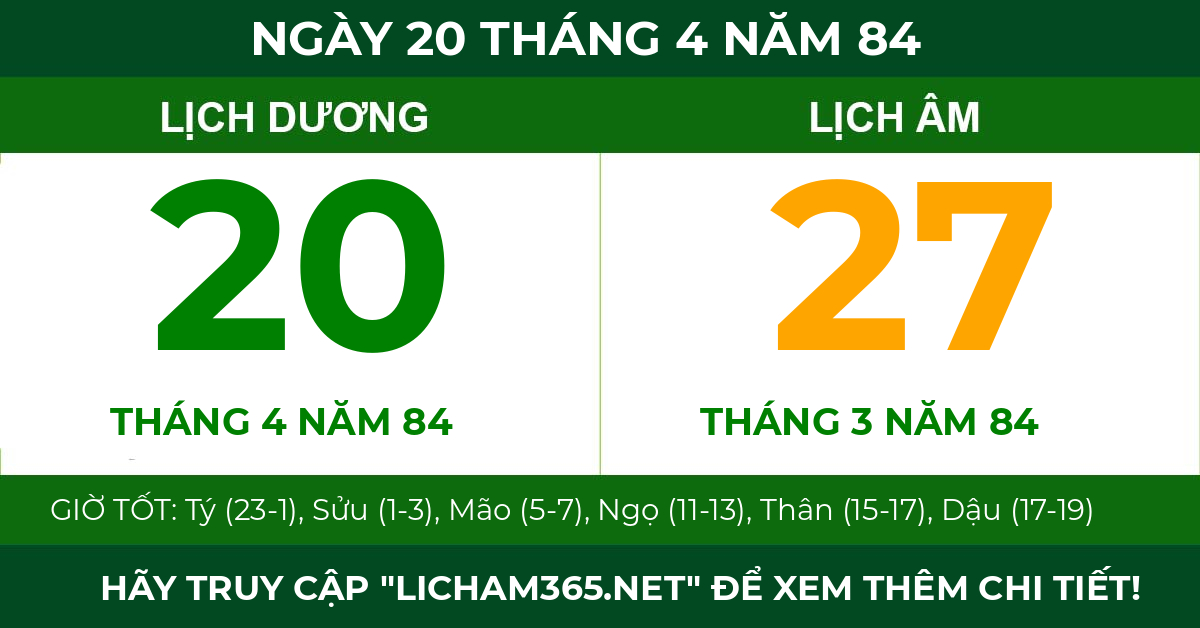 lịch âm ngày 20 tháng 4 năm 84
