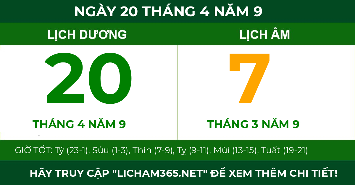 lịch âm ngày 20 tháng 4 năm 9