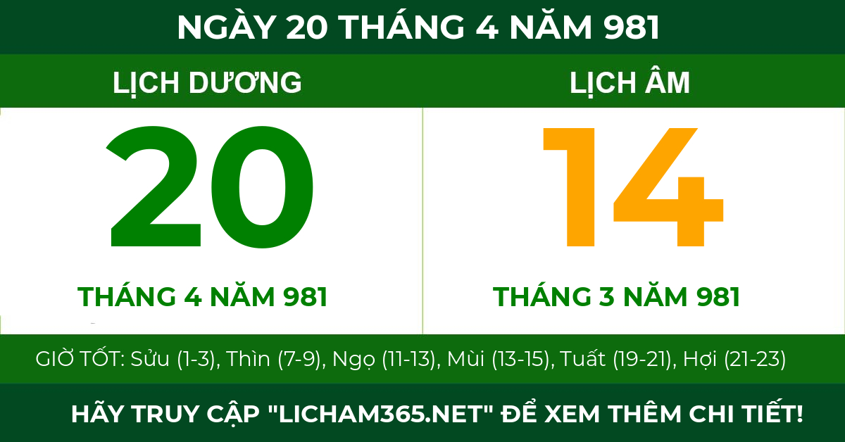 lịch âm ngày 20 tháng 4 năm 981