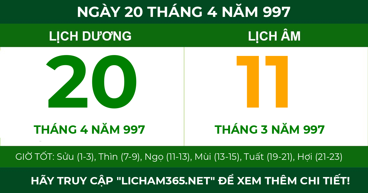 lịch âm ngày 20 tháng 4 năm 997