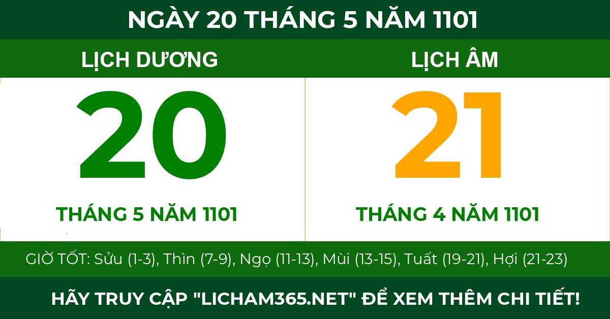 lịch âm ngày 20 tháng 5 năm 1101