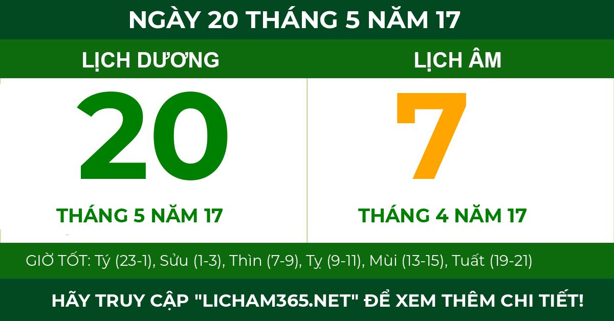 lịch âm ngày 20 tháng 5 năm 17