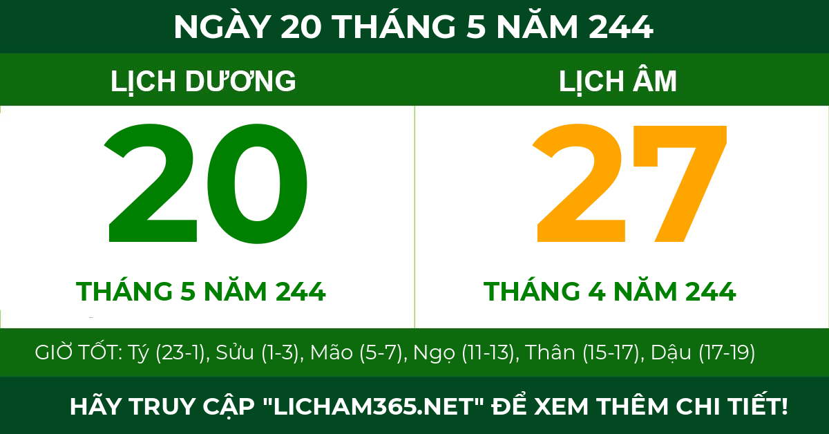 lịch âm ngày 20 tháng 5 năm 244