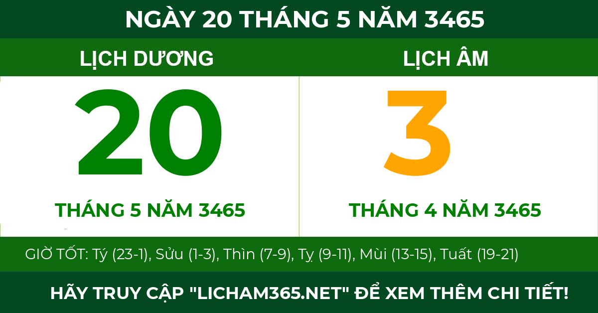 lịch âm ngày 20 tháng 5 năm 3465