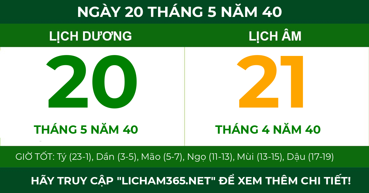 lịch âm ngày 20 tháng 5 năm 40
