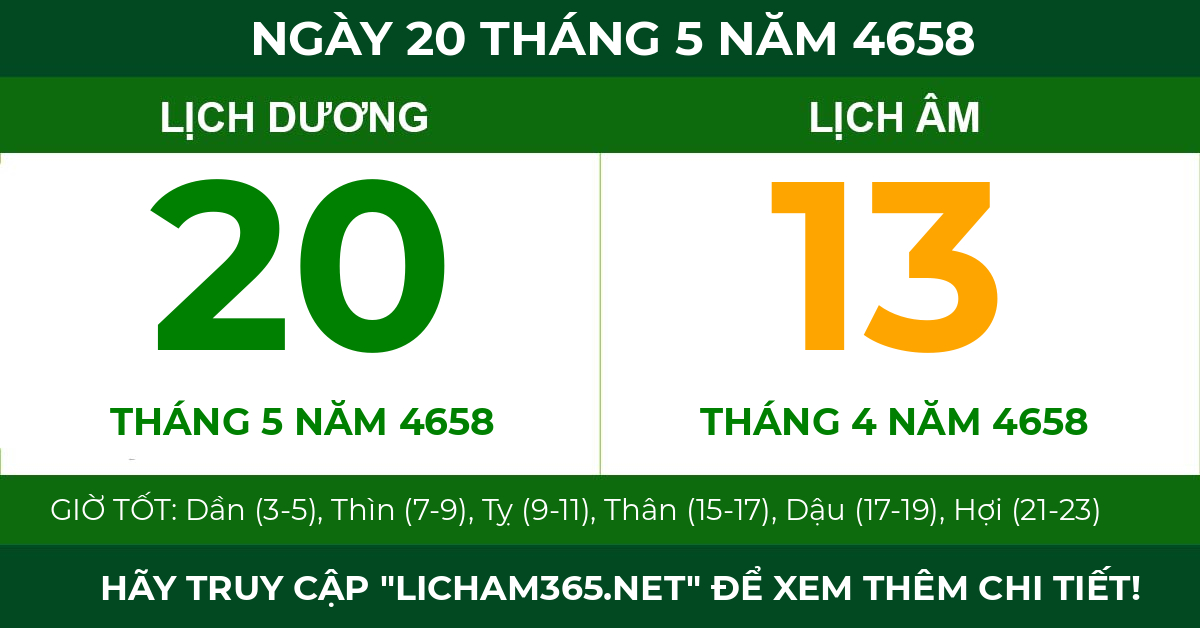 lịch âm ngày 20 tháng 5 năm 4658