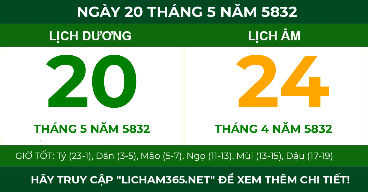 lịch âm ngày 20 tháng 5 năm 5832