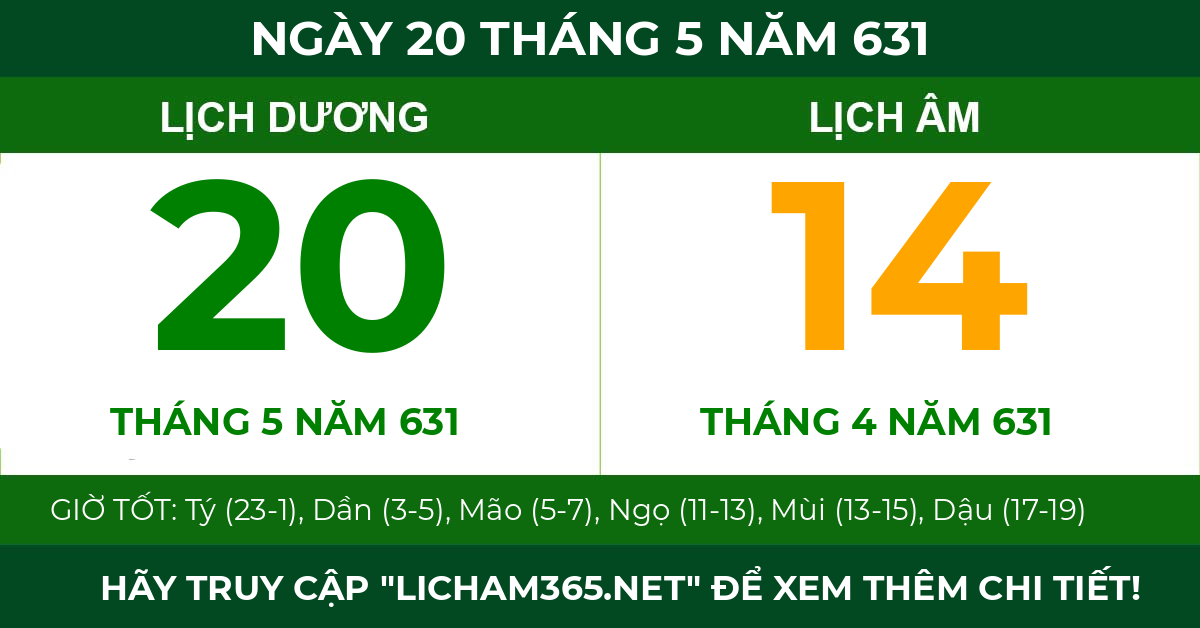 lịch âm ngày 20 tháng 5 năm 631