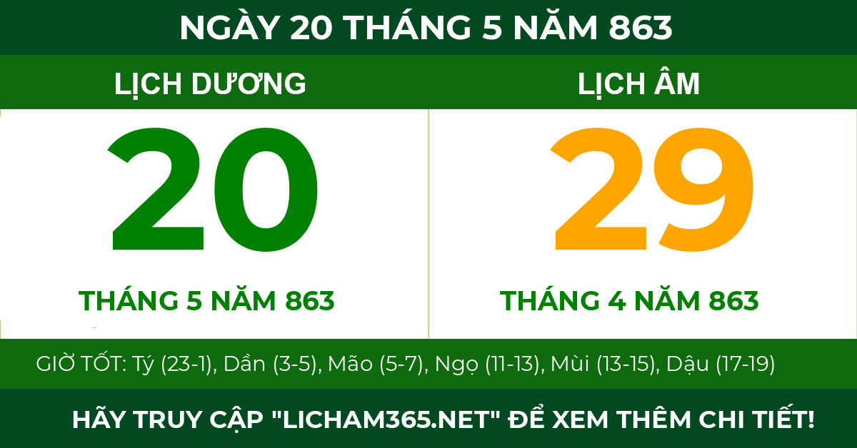 lịch âm ngày 20 tháng 5 năm 863