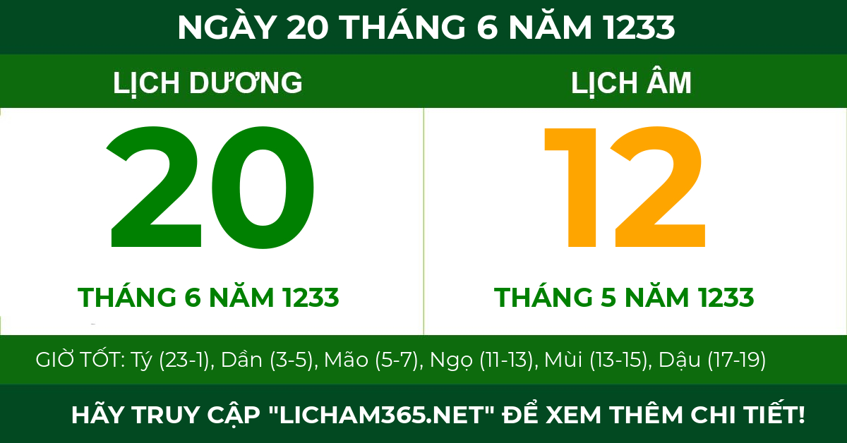 lịch âm ngày 20 tháng 6 năm 1233