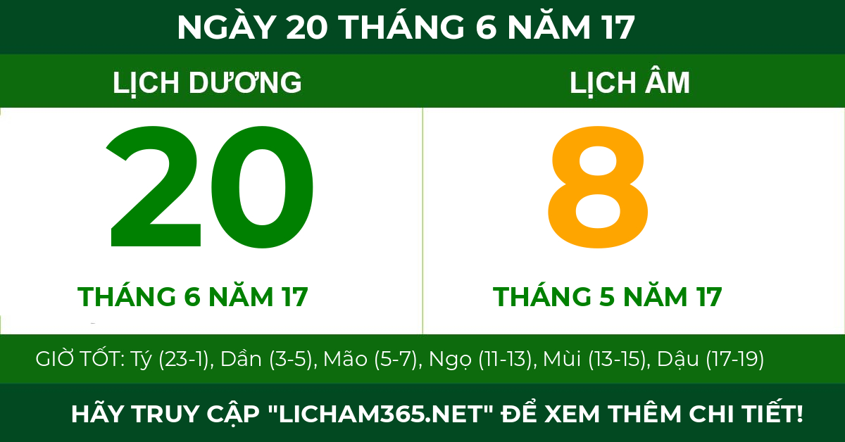 lịch âm ngày 20 tháng 6 năm 17