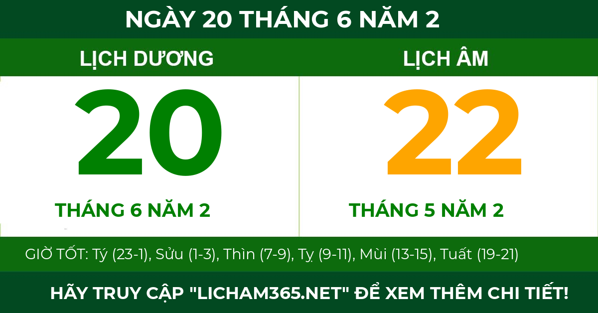 lịch âm ngày 20 tháng 6 năm 2
