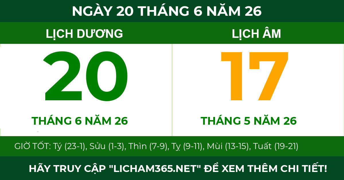 lịch âm ngày 20 tháng 6 năm 26