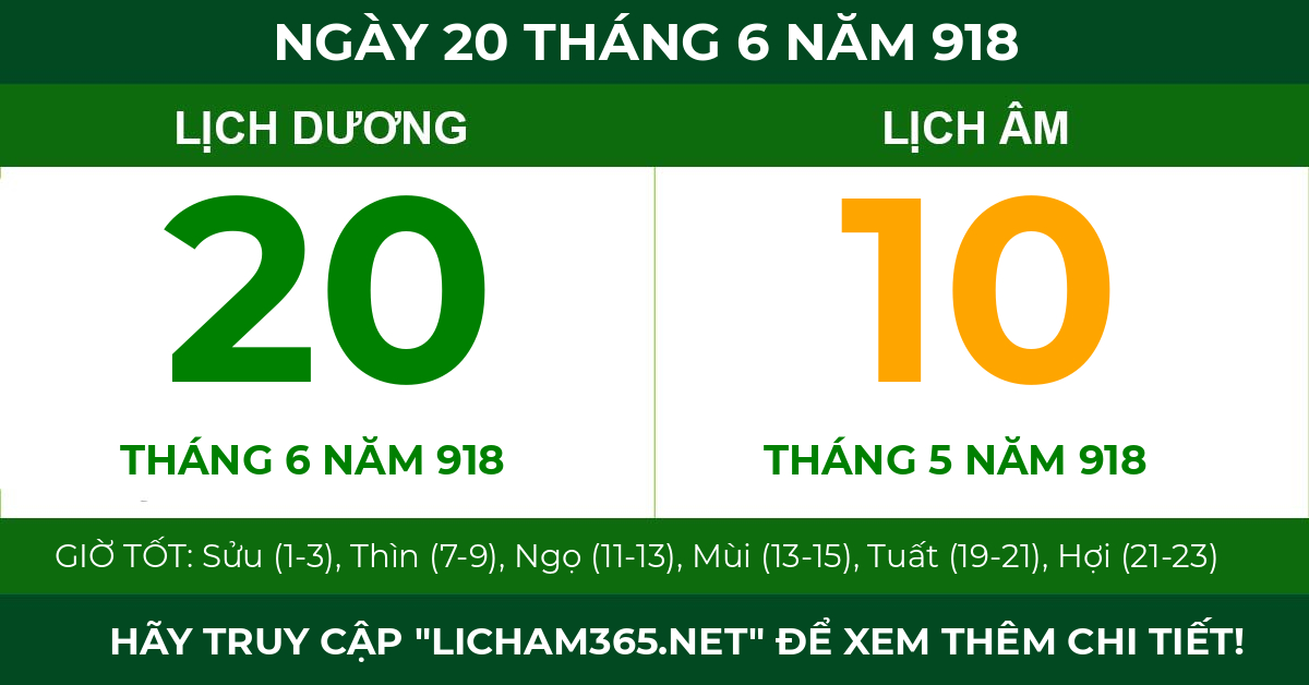 lịch âm ngày 20 tháng 6 năm 918