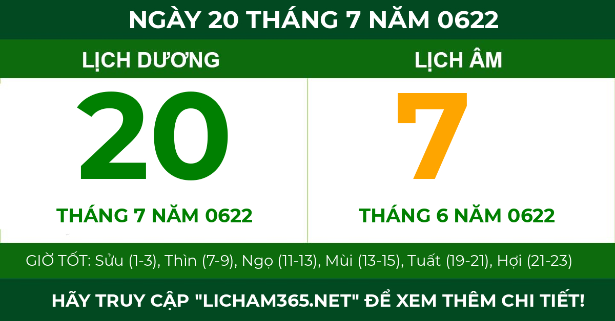 lịch âm ngày 20 tháng 7 năm 0622