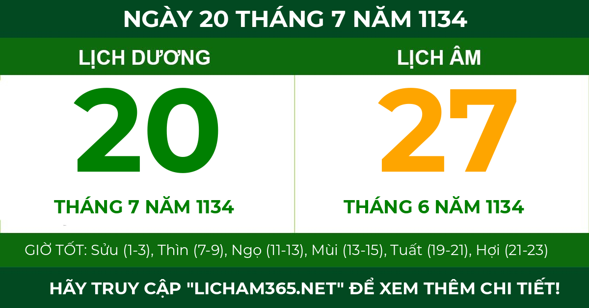lịch âm ngày 20 tháng 7 năm 1134