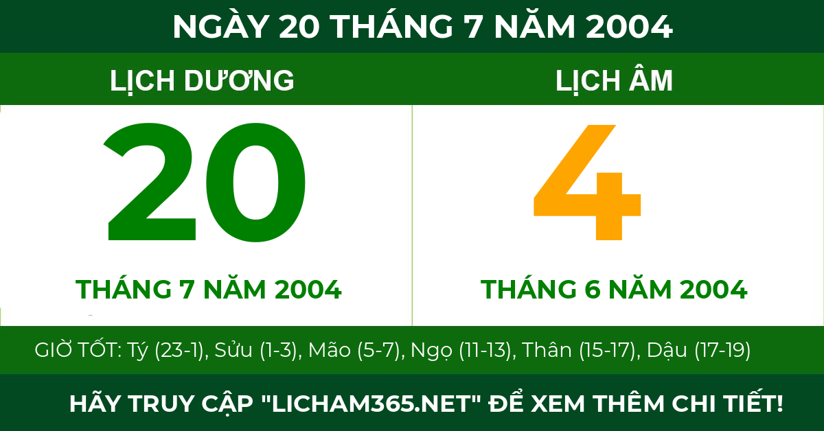 lịch âm ngày 20 tháng 7 năm 2004