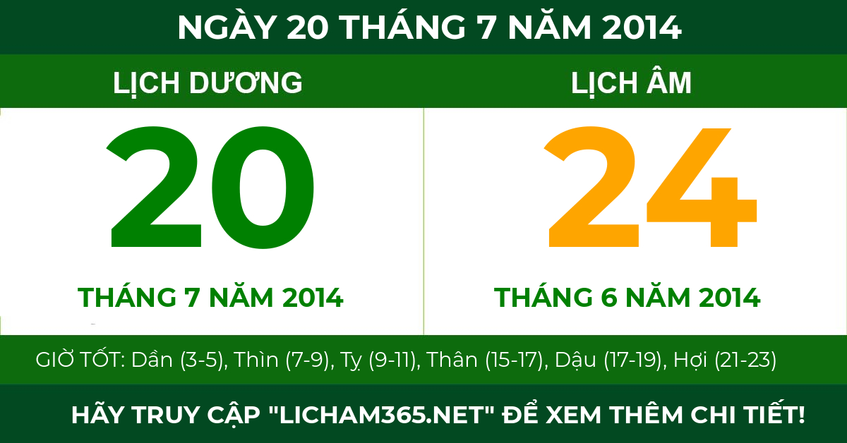 lịch âm ngày 20 tháng 7 năm 2014