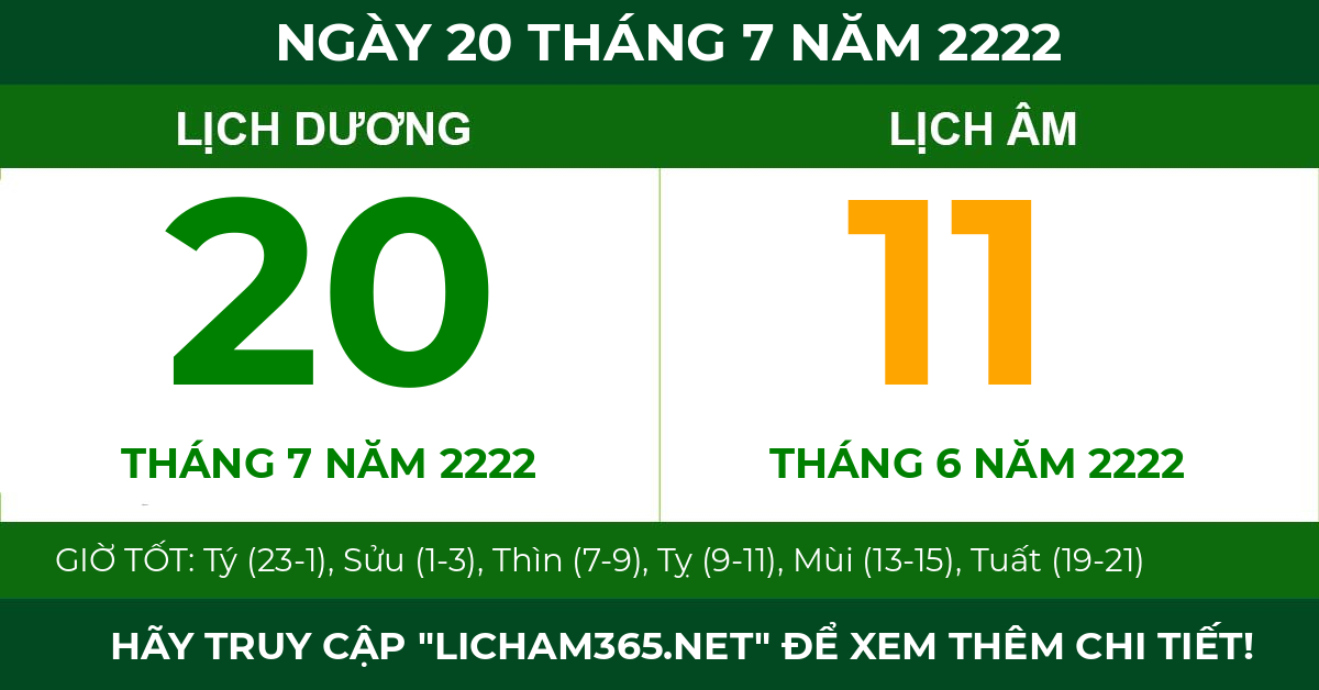 lịch âm ngày 20 tháng 7 năm 2222