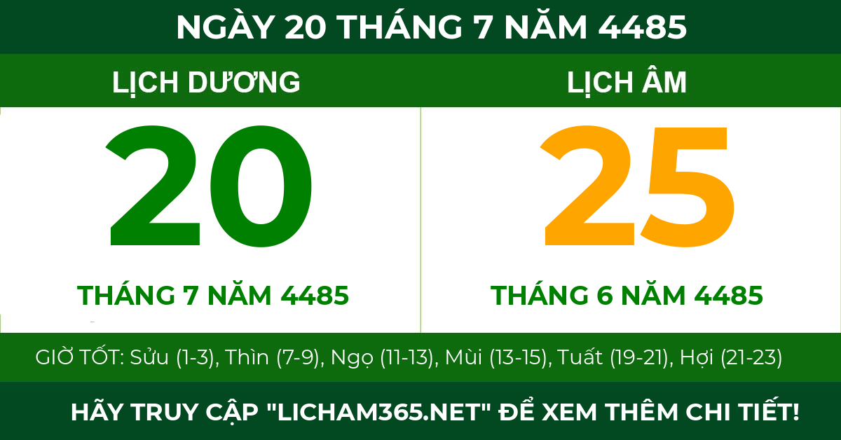 lịch âm ngày 20 tháng 7 năm 4485