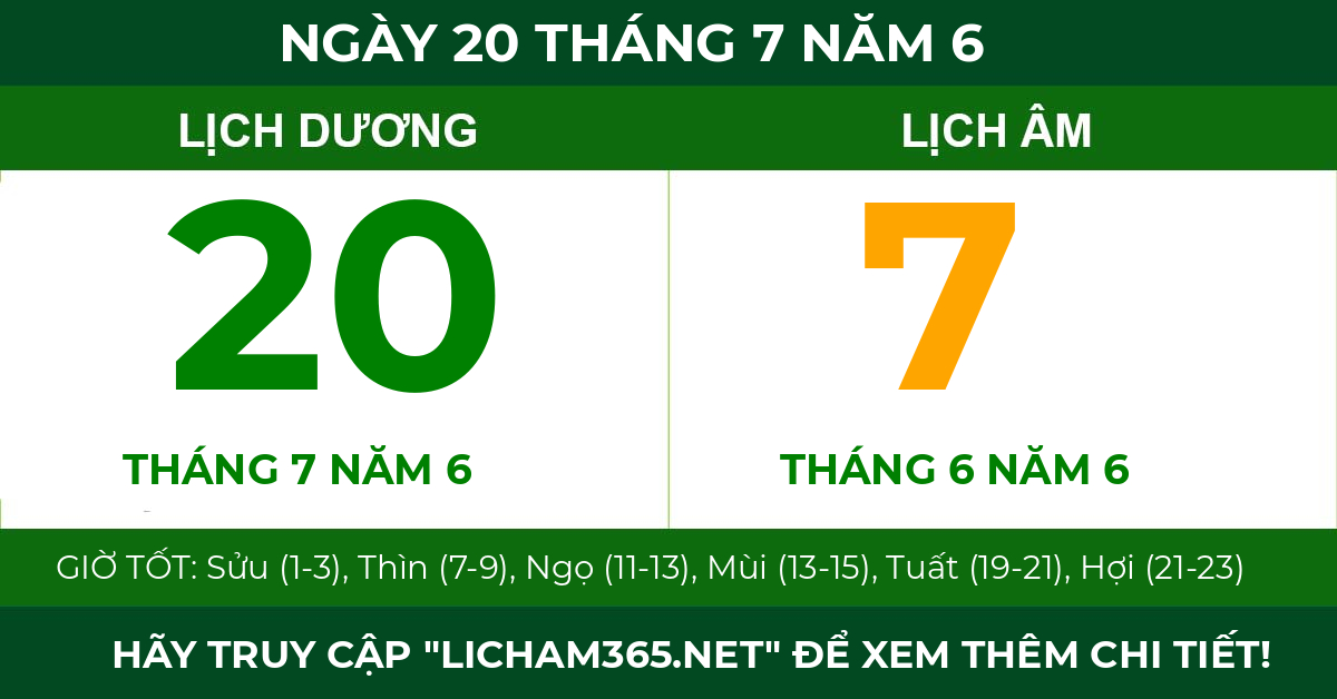 lịch âm ngày 20 tháng 7 năm 6