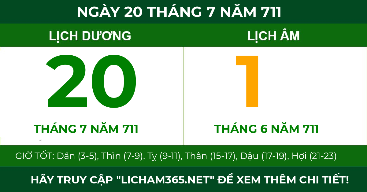 lịch âm ngày 20 tháng 7 năm 711