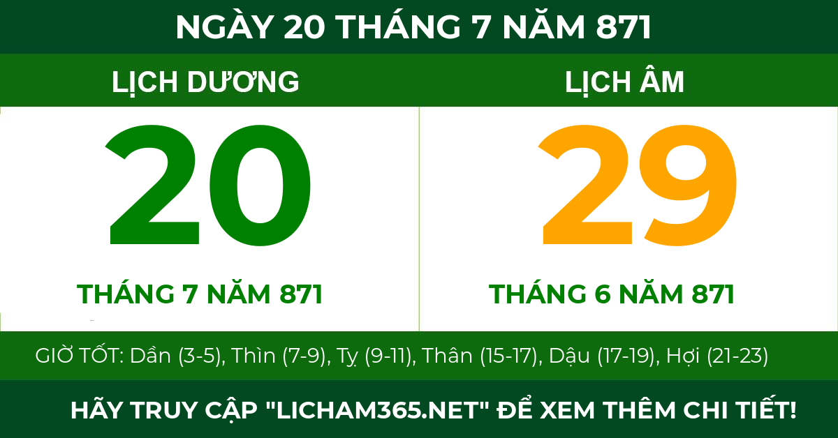 lịch âm ngày 20 tháng 7 năm 871