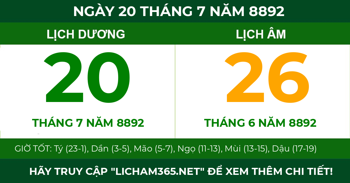 lịch âm ngày 20 tháng 7 năm 8892