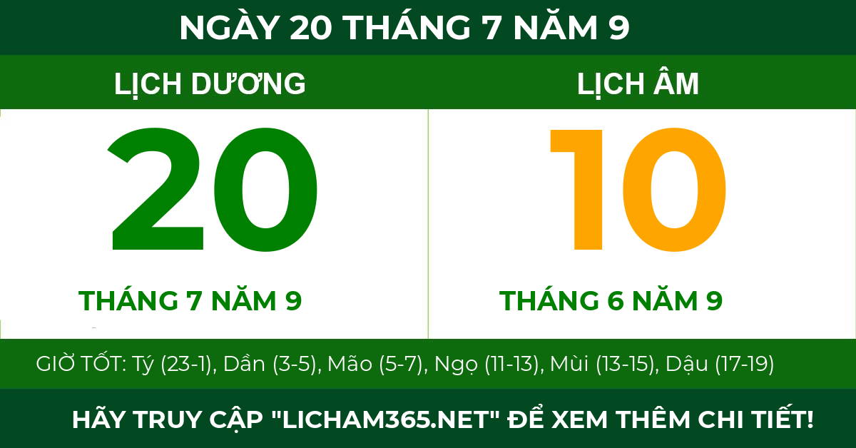 lịch âm ngày 20 tháng 7 năm 9