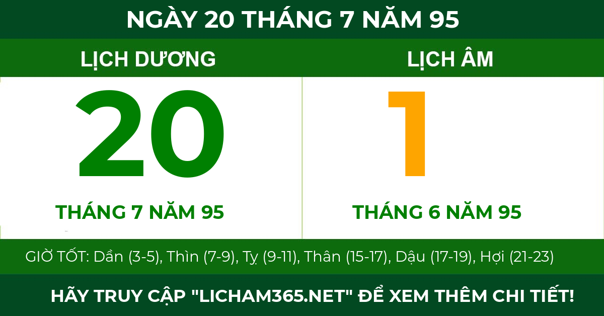 lịch âm ngày 20 tháng 7 năm 95