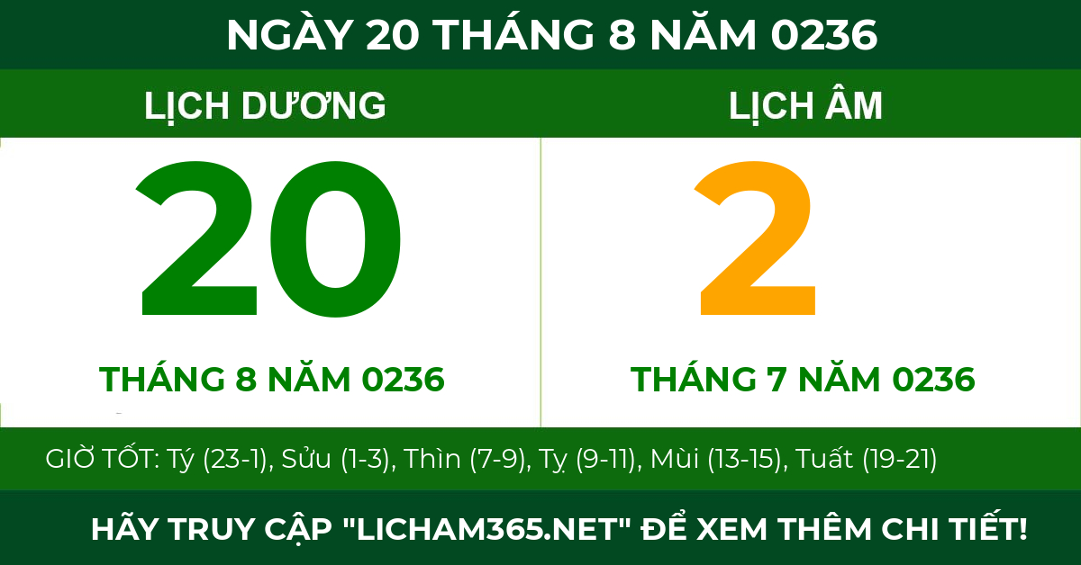 lịch âm ngày 20 tháng 8 năm 0236