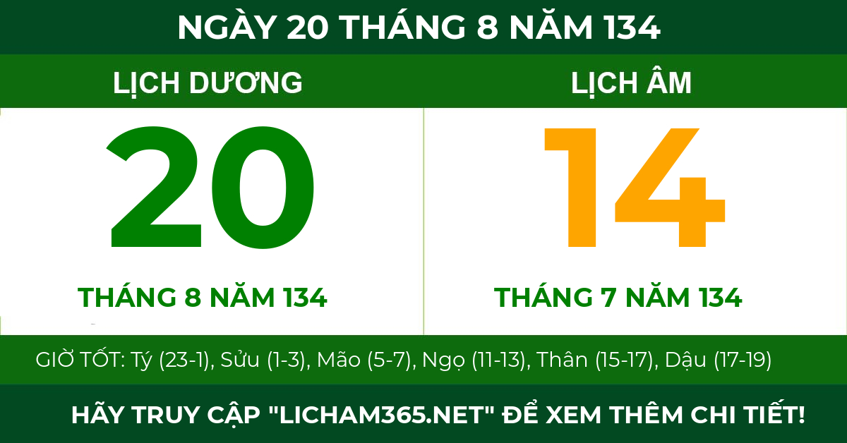 lịch âm ngày 20 tháng 8 năm 134