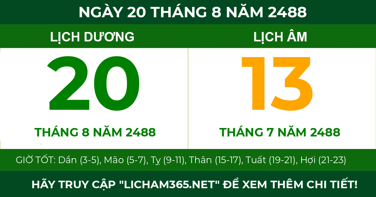 lịch âm ngày 20 tháng 8 năm 2488