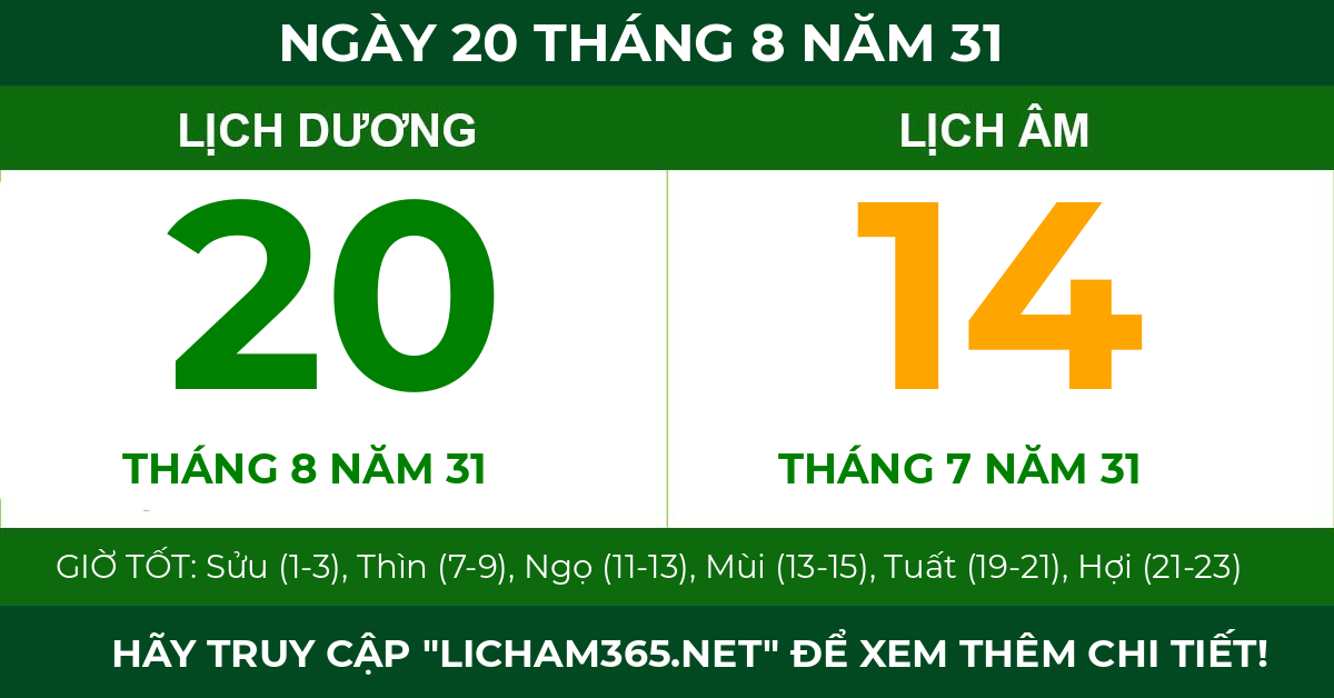 lịch âm ngày 20 tháng 8 năm 31