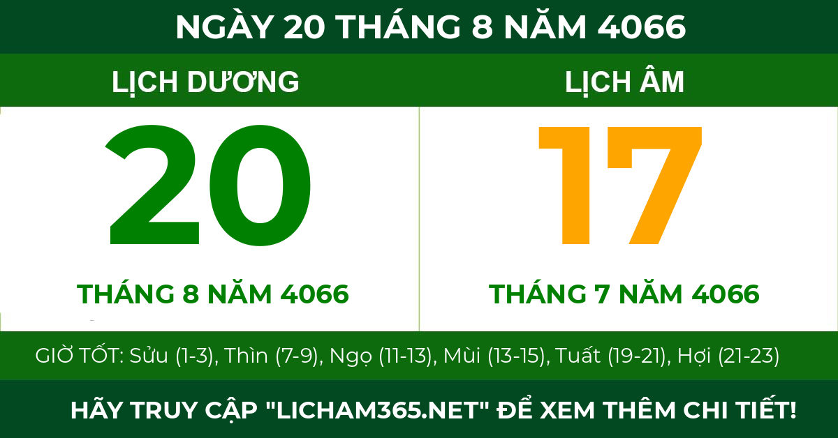 lịch âm ngày 20 tháng 8 năm 4066