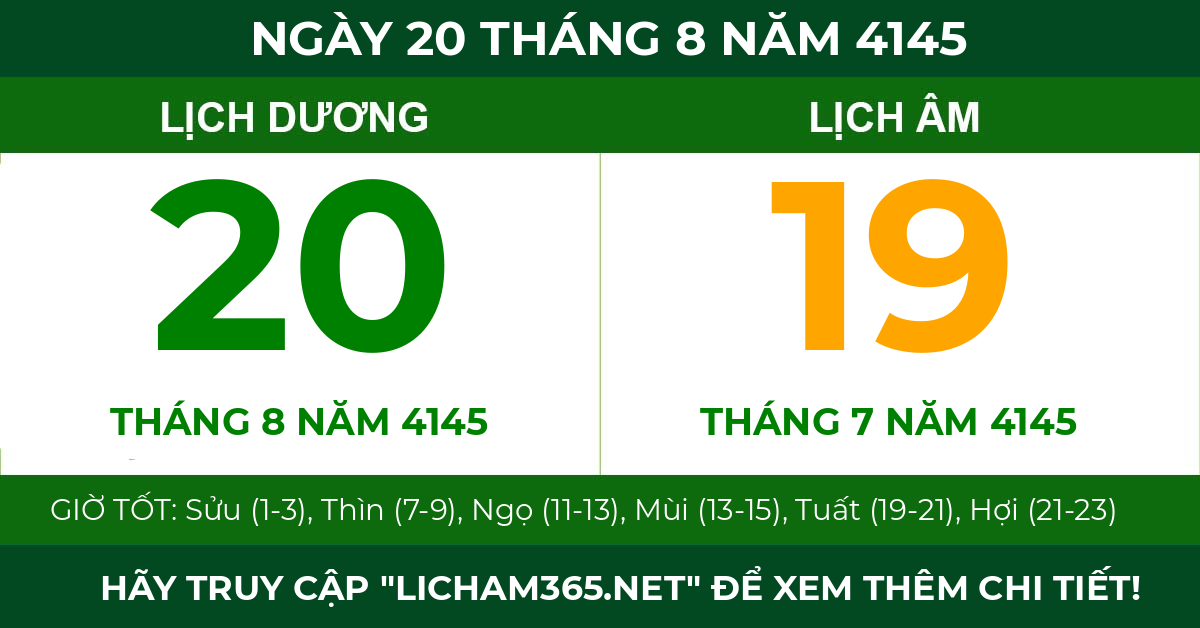 lịch âm ngày 20 tháng 8 năm 4145