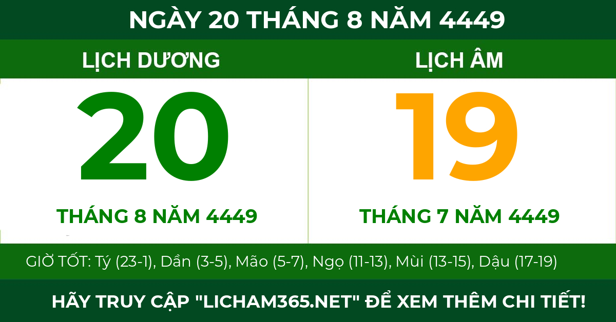 lịch âm ngày 20 tháng 8 năm 4449